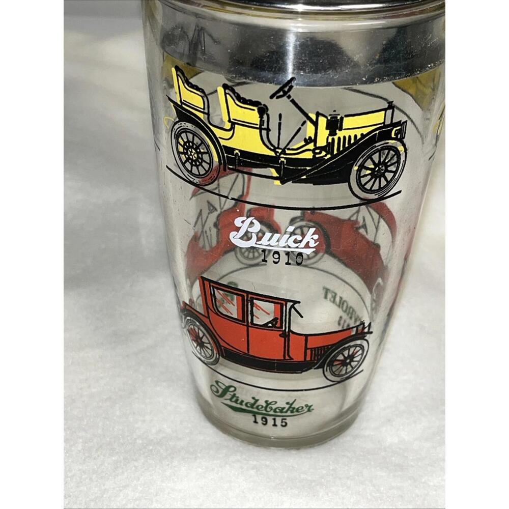 VTG Hazel Atlas Glass Cocktail Shaker & Lid And 4 Glasses Classic Car Designs - Picture 12 of 14